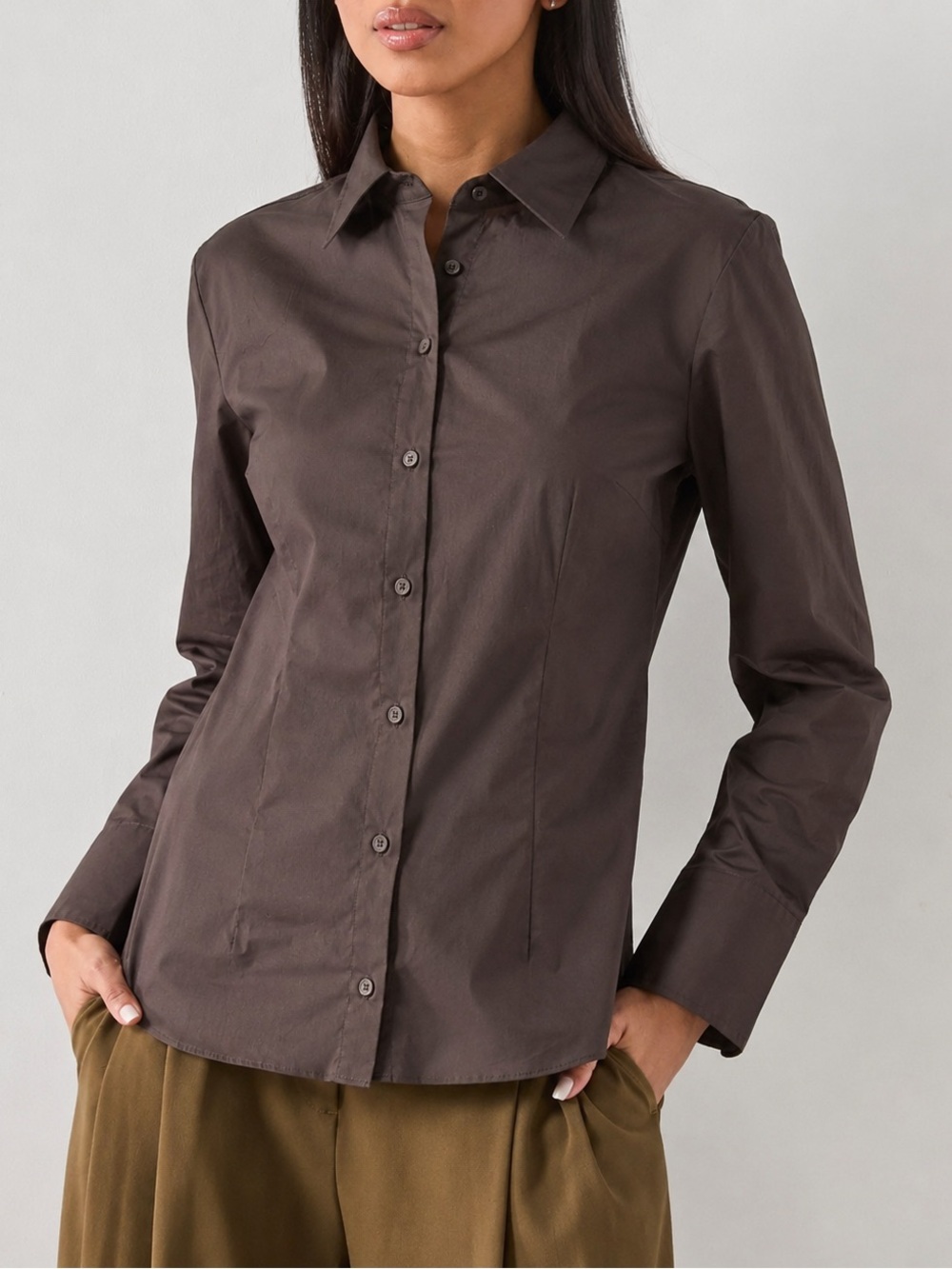 Massimo Dutti NWT Dark Brown Poplin Button Down Stretch Shirt